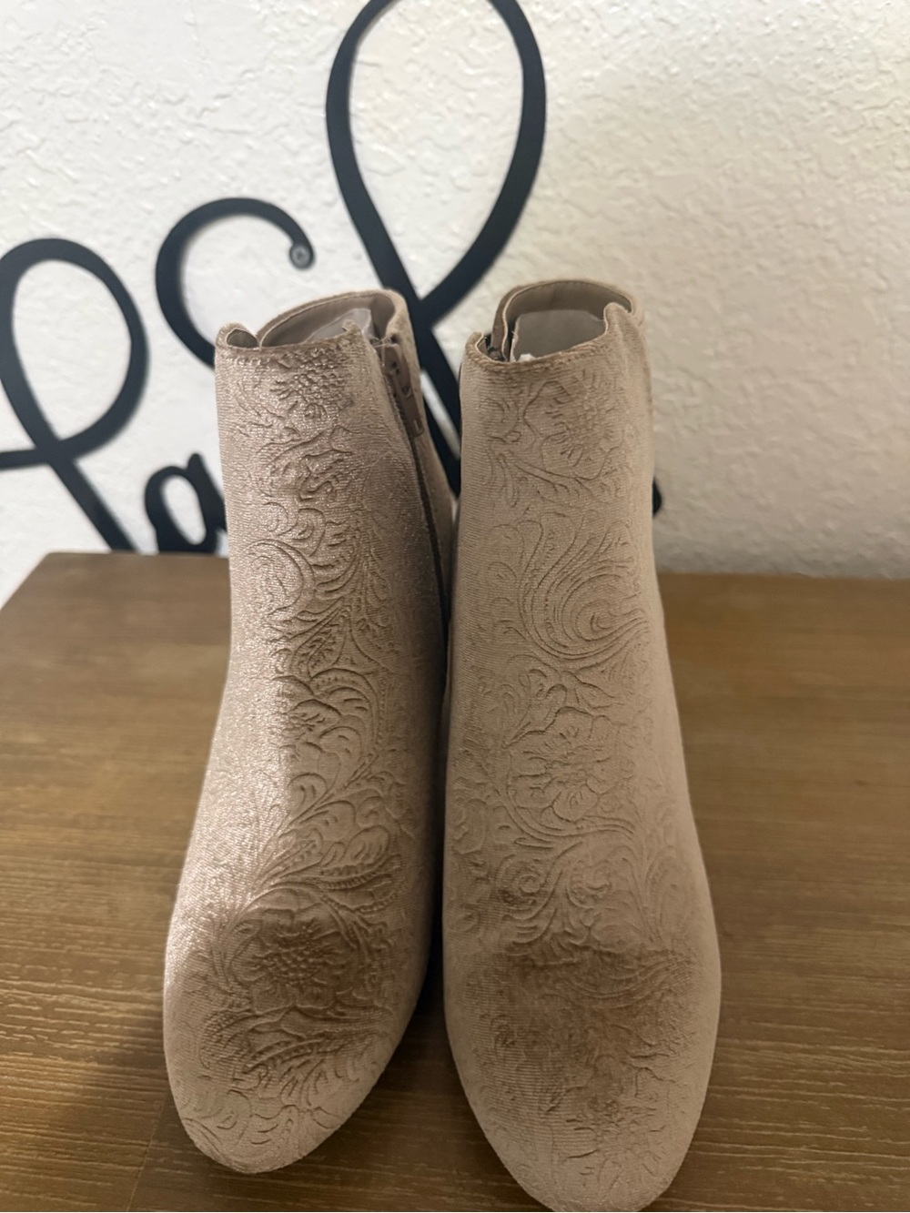 Women’s Embossed Taupe Ankle Booties - Picture 1 of 3